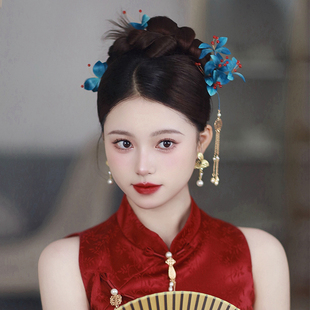 原创手作高端蓝色绒花新中式发钗新娘结婚汉服古装写真盘发配饰品