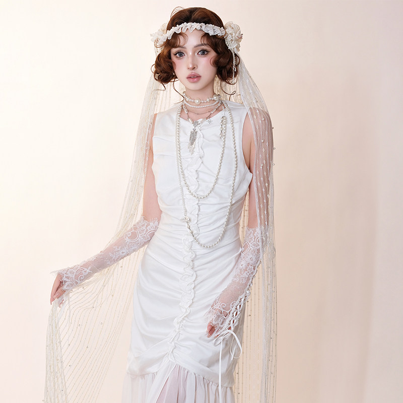 原创森系复古手作花瓣蕾丝发箍头纱新娘结婚法式写真礼服婚纱配饰