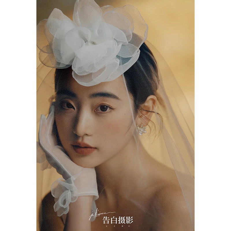 喜看手作欧根纱花瓣头纱发夹新娘结婚森系法式礼服婚纱写真配饰品