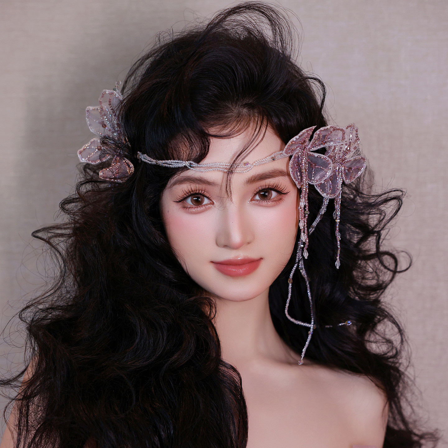 手作淡紫色串珠花瓣发带