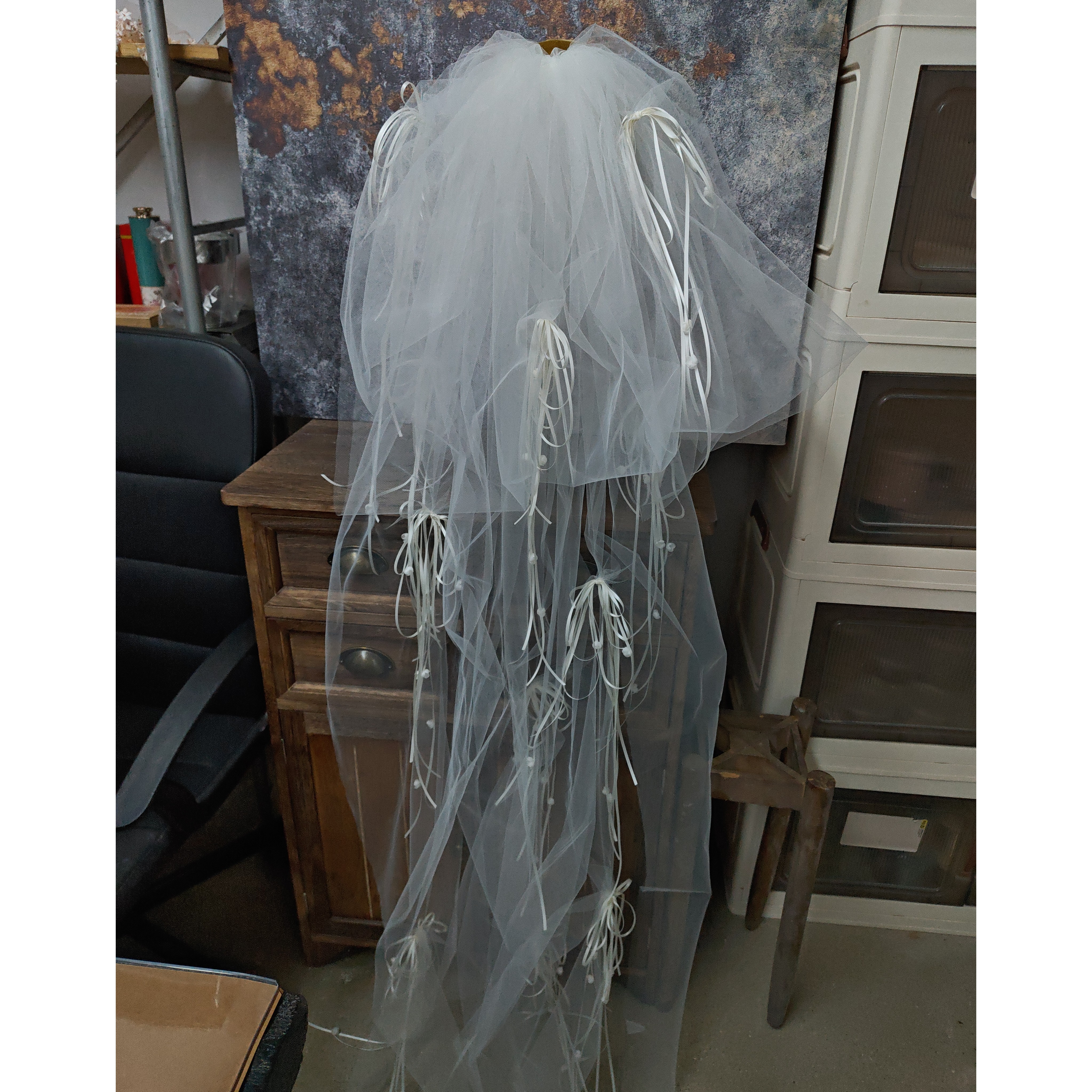 喜看超仙森系双层卷边钉珠超蓬蝴蝶结发梳头纱新娘结婚婚纱配饰品