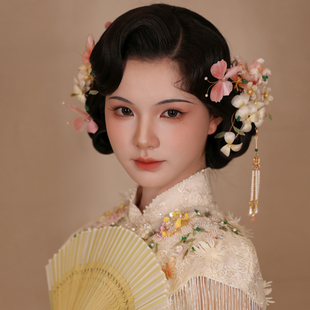 喜看原创手作非遗绒花粉色蝴蝶新中式秀禾头饰新娘结婚灵动配饰品