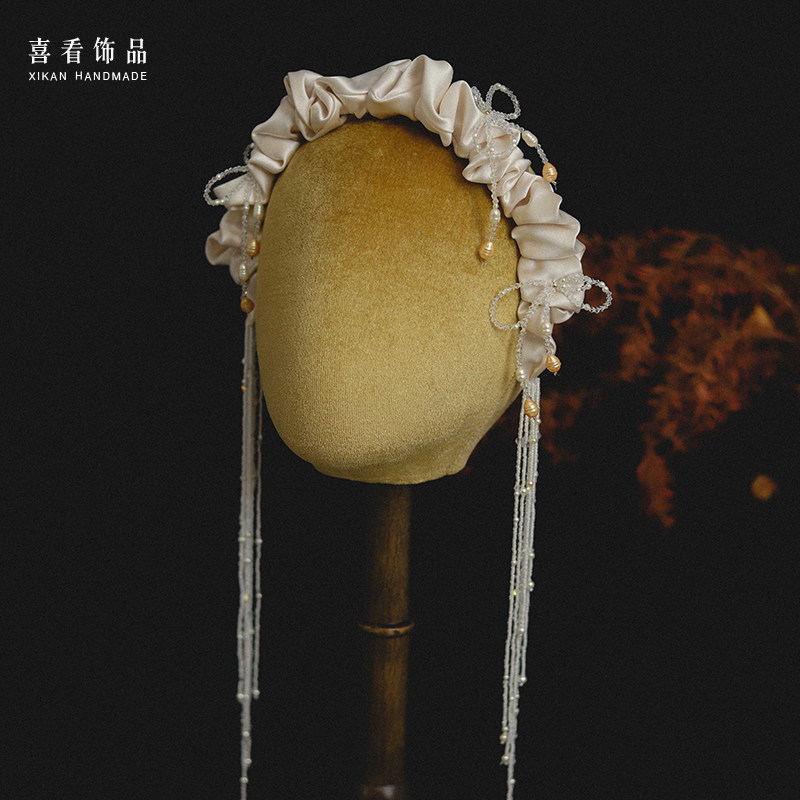 原创手作香槟缎面流苏发箍
