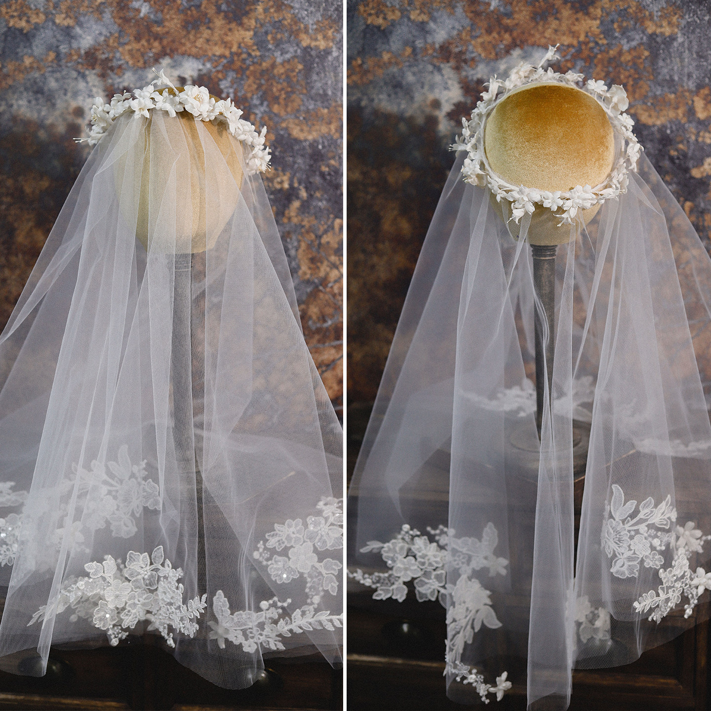 喜看手作花瓣双层蕾丝遮面头纱新娘结婚法式复古婚纱写真样片饰品