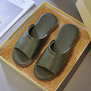 高端头层牛皮凉拖女厚底夏季室内办公室居家用真皮拖鞋男防滑软底