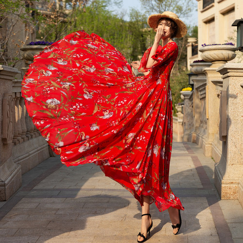 很仙的雪纺连衣裙新款夏有女人味的长裙女连衣裙 长款V领长裙