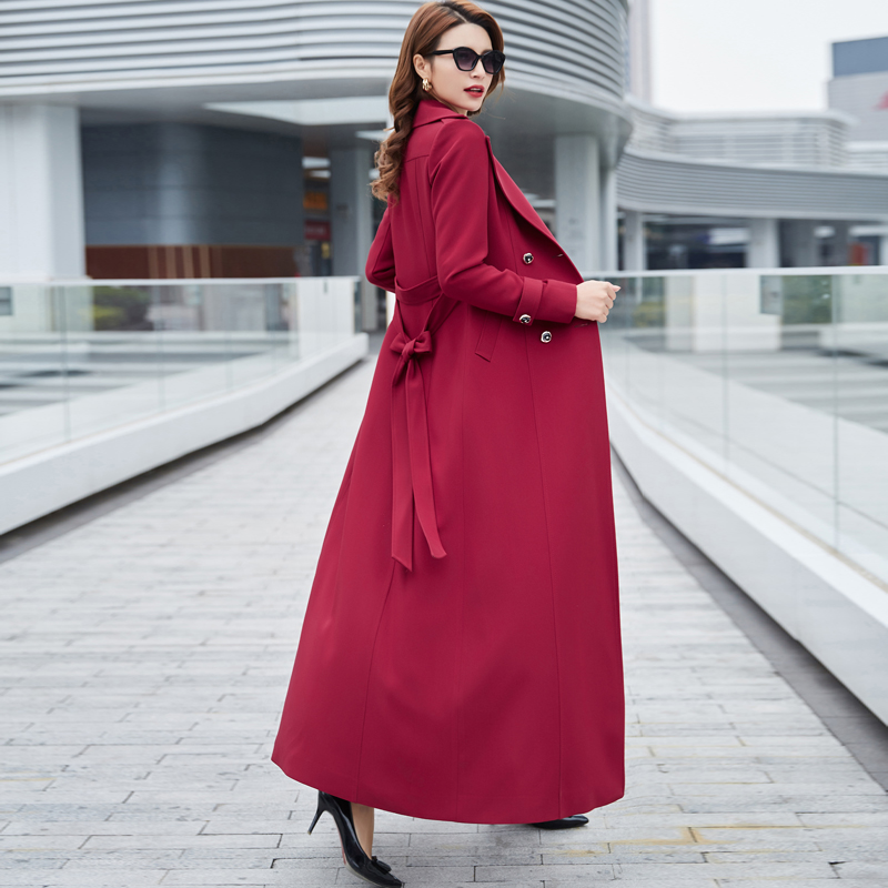 双排扣长款外套酒红色秋季修身