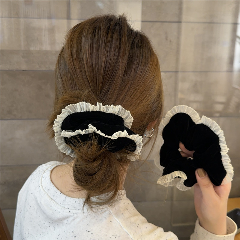 东大门同款轻奢丝绒蕾丝边马尾发圈ins少女皱褶丸子头绳精致皮筋