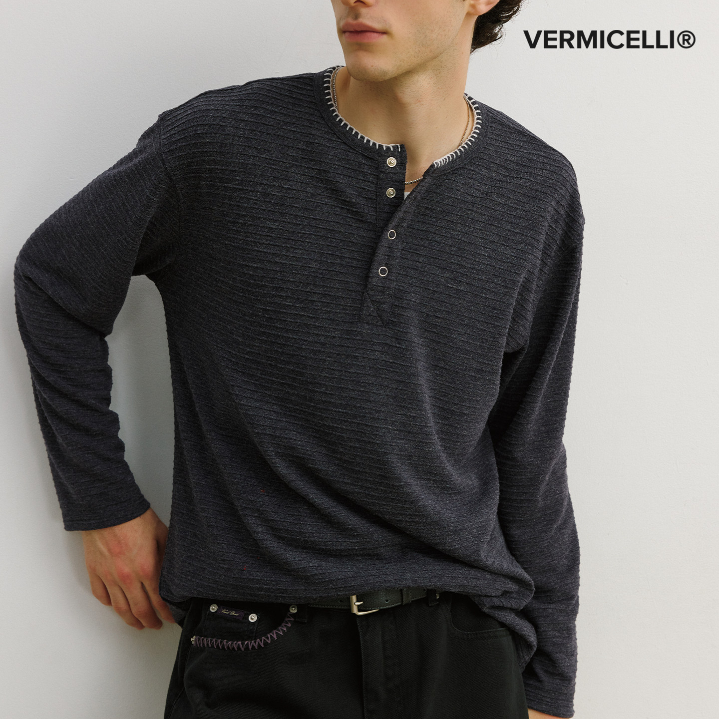 VMCL肌理细条纹手缝线亨利领cleanfit长袖T恤男女26AW vermicelli