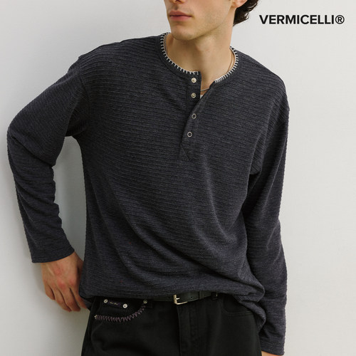 VMCL肌理细条纹手缝线亨利领cleanfit长袖T恤男女26AW vermicelli