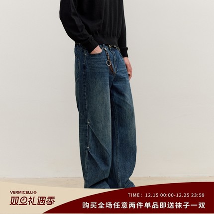 VMCL 深蓝水洗双斜褶铆钉复古宽松直筒牛仔长裤男25AW vermicelli