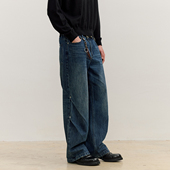 男25AW VMCL 深蓝水洗双斜褶铆钉复古宽松直筒牛仔长裤 vermicelli