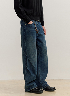 VMCL 深蓝水洗双斜褶铆钉复古宽松直筒牛仔长裤男25AW vermicelli