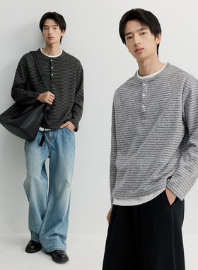 VMCL羊毛混纺通勤亨利领假两件条纹长袖TEE恤男女26SS vermicelli