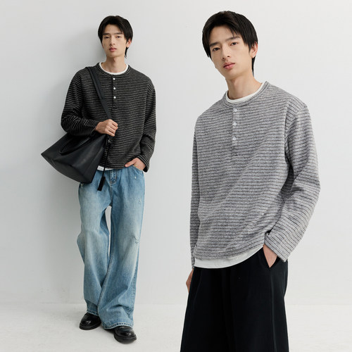 VMCL羊毛混纺通勤亨利领假两件条纹长袖TEE恤男女26SS vermicelli