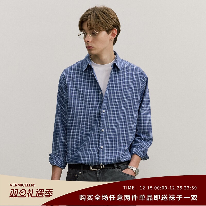 VMCL高智感色织细格纹宽松休闲纯棉蓝色格子衬衫男25AW vermicell