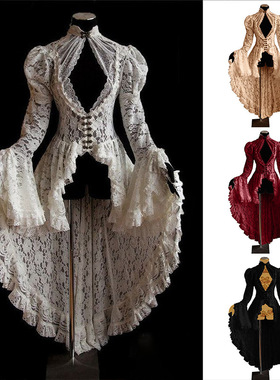 欧美复古风宫廷派对蕾丝服装礼服宫廷风拼接立领连衣裙喇叭袖