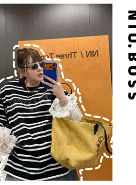 Three Ten.N大码270斤“盐系甜美”撞色拼接蕾丝条纹假两件T恤