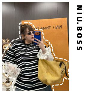 盐系甜美 270斤 撞色拼接蕾丝条纹假两件T恤 Ten.N大码 Three