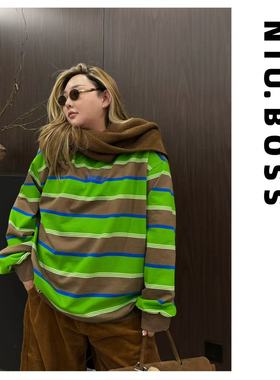 Three Ten.N大码270斤“绿野仙棕”休闲百搭撞色条纹卫衣T