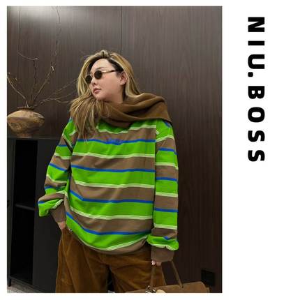 Three Ten.N大码270斤“绿野仙棕”休闲百搭撞色条纹卫衣T