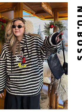 Three Ten.N大码270斤“萌趣米奇”黑白条纹刺绣宽松加绒连帽卫衣
