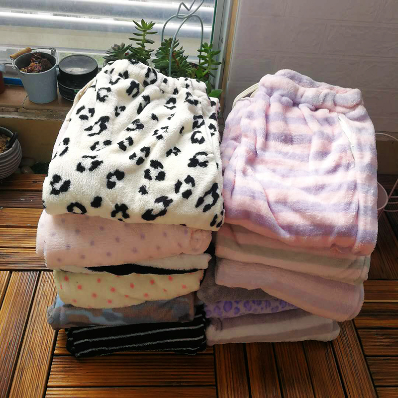 日单条纹珊瑚绒家居裤