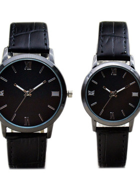 黑色经典情侣男女学生真皮表带手表 定制刻字图案LOGO 生活防水