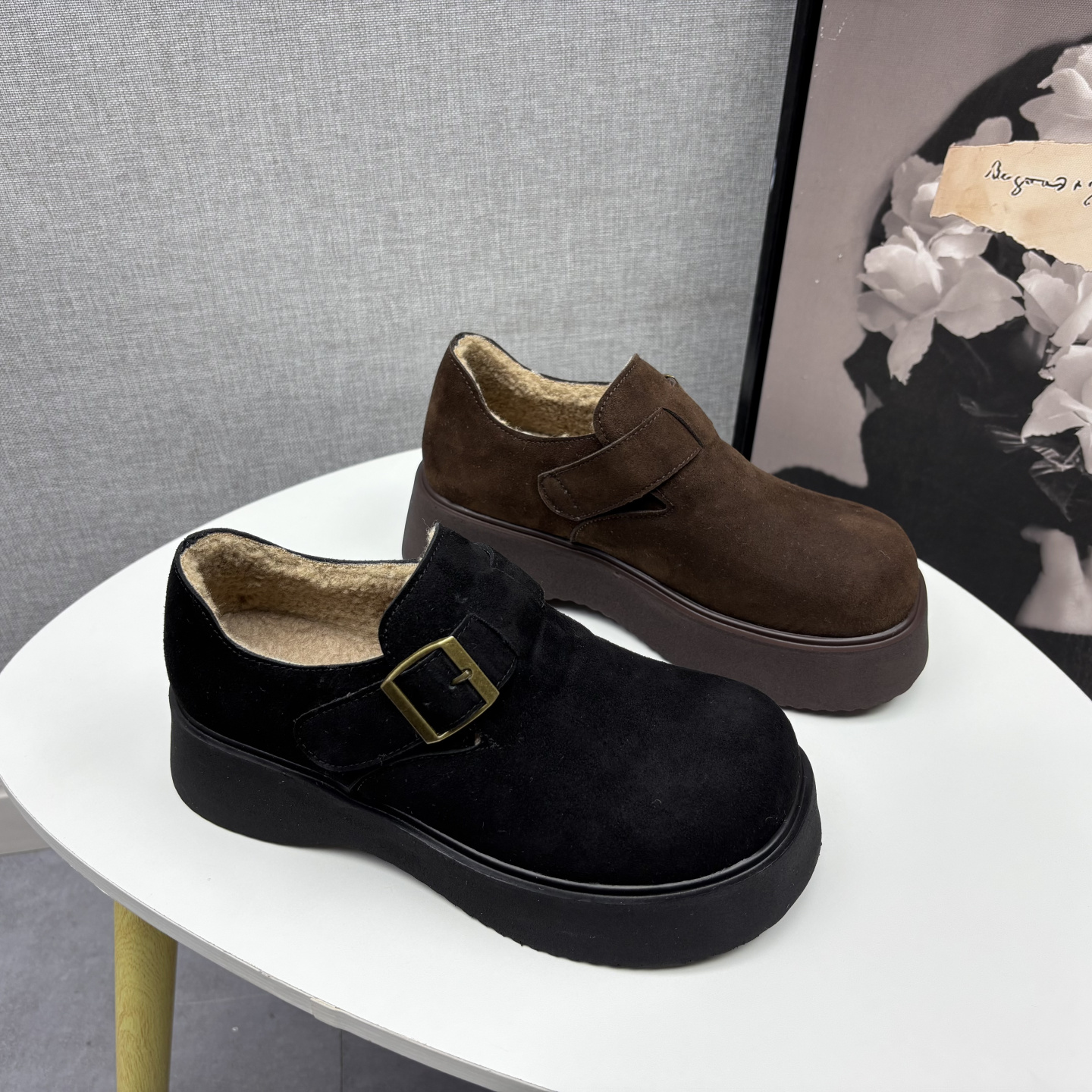 断码处理真皮女鞋2025秋冬款厚底深口低帮复古加绒勃肯鞋女棉鞋