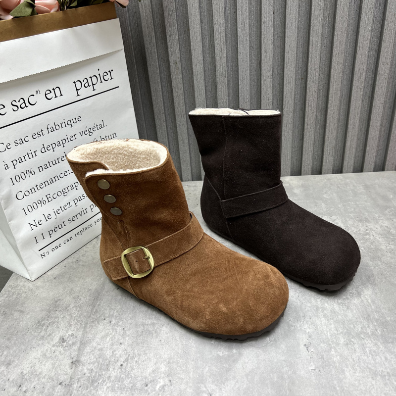 断码处理真皮女靴2025冬季新款皮带扣复古套筒加绒保暖女棉短靴