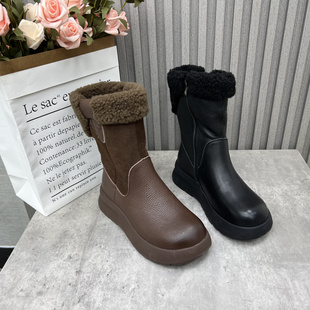 厚底侧拉链时尚 新款 厚绒保暖雪地靴棉靴 处理真皮女靴2024冬季 断码