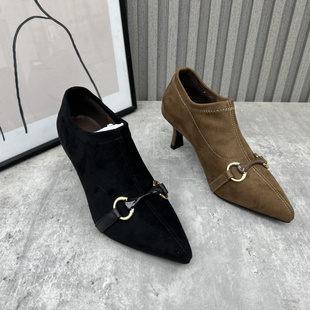 尖头细高跟绒面百搭女单鞋 断码 欧美风显瘦时尚 2025新款 处理女鞋