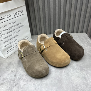 圆头套脚厚绒女棉鞋 复古内增高勃肯鞋 2025秋冬款 处理真皮女鞋 断码