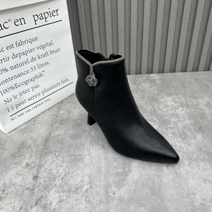 尖头侧拉链加绒细跟高跟女短靴 新款 清仓断码 处理真皮女靴2024冬季