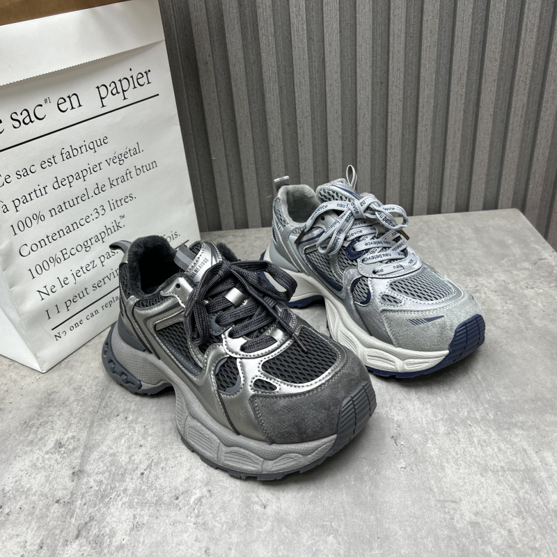 工厂断码处理女鞋2025秋冬季新款圆头网布拼接厚底韩版加绒老爹鞋