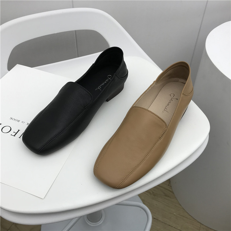 断码真皮方头浅口显脚百搭奶奶鞋