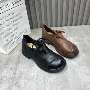 女单鞋 断码 低跟英伦风圆头深口系带时尚 2025秋新款 处理真皮女鞋