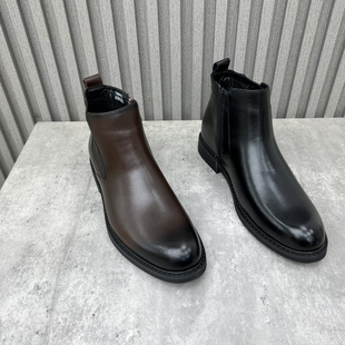 断码 侧拉链低跟加绒保暖切尔西靴男短靴 处理真皮男靴2024冬新款
