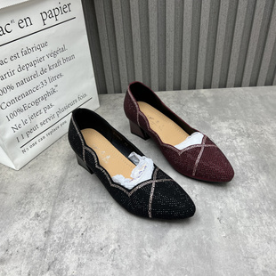 厂家处理真皮女鞋 2025秋季 新款 水钻未完成粗跟中跟尖头浅口女单鞋