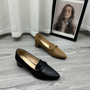 厂家处理真皮女鞋 2025春季 新款 粗跟中跟职业尖头浅口羊皮气质单鞋