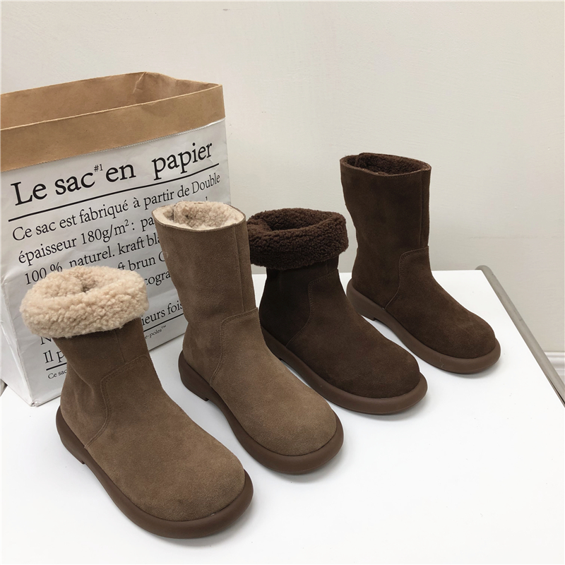 清仓断码处理真皮女靴2024冬季新款圆头套筒低跟加绒保暖雪地靴