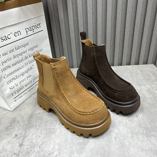 厚底增高套筒切尔西靴女短靴 新款 清仓断码 处理真皮女靴2025秋冬季