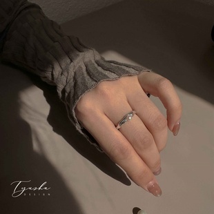 TYUSHA小众设计纯银电镀白金天然淡水珍珠戒指女新款 ins风开口戒