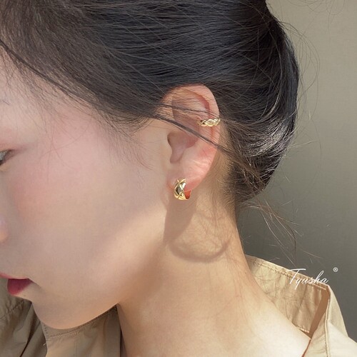 时髦菱格耳钉/耳夹厚镀14k金极简