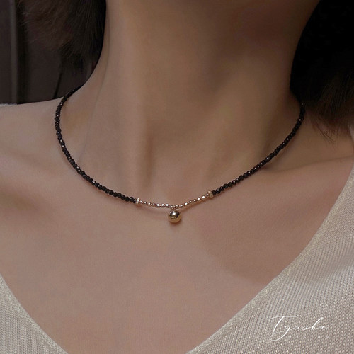 TYUSHA天然黑色尖晶石金豆项链