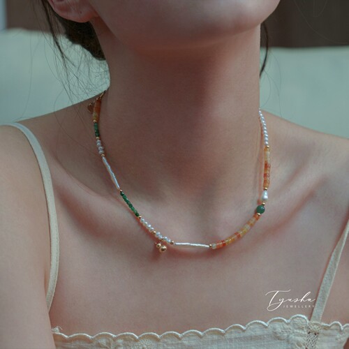 TYUSHA彩色天然石巴洛克珍珠项链