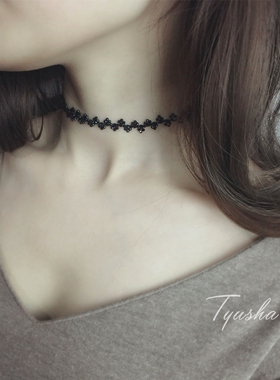 TYUSHA复古温柔*天然黑色尖晶石14K注金波浪蕾丝项链项圈chocker