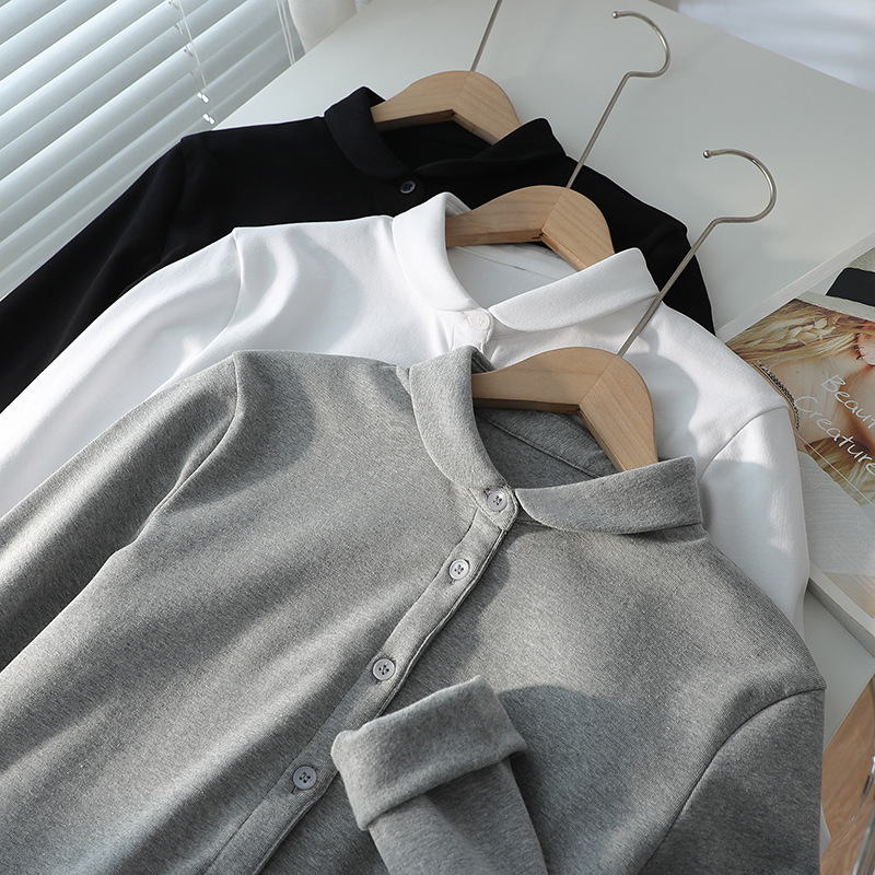 小圆领磨毛衬衫长袖通勤直筒加厚