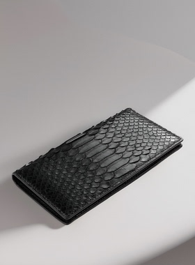 聚变手工皮具高端定制黑色血蟒蛇皮时尚超薄相框多卡位西装长钱包