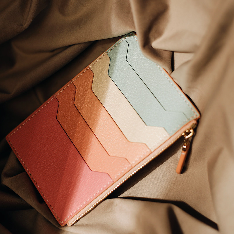 聚变手工皮具高端定制多彩鹿纹山羊皮真皮多卡位零钱包女士小卡包